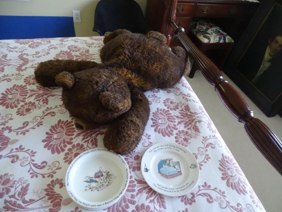 Stuffed bear and child's bowl and saucer-Beatrix Potter designs, Peter Rabbit-Wedgewood china