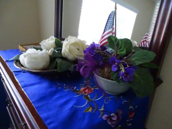 2 artificial flower arrangements and silver plate bowl and runner.