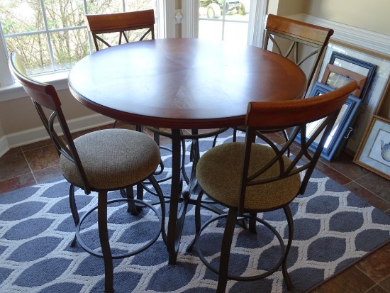 High Top Table and Chairs, Wood/Iron. Made by Powell, beige/black chair cushions, 42" D, 36"