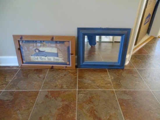 Chambray Hamilton Mirror (blue), 16" x 19" and God Bless This Home picture.