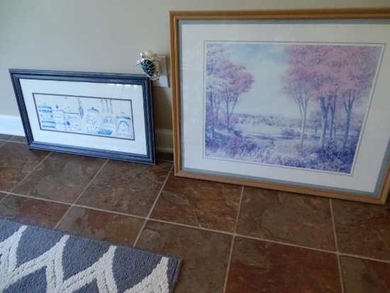 2 Pictures-Wooded scene and picture of kitchen spices (blue frame).