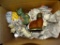 Assorted box lot of cat statues, roosters, etc.