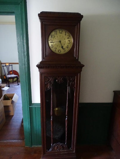 Antique Grandfather Clock-Oak-chain driven, 80"H x 11"D x 20" W.