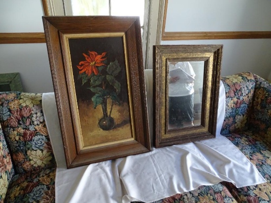 Oil on canvas flower picture and mirror