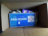 Assorted box lot-includes Parcheesi game and wooden clogs