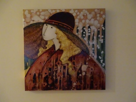 Girl with gold leaf-by Stephen White, 2002, mixed media 24" x 24"
