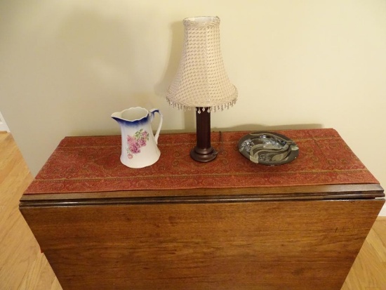 Items on table-Vintage pitcher, small lamp and bowl w/table runner