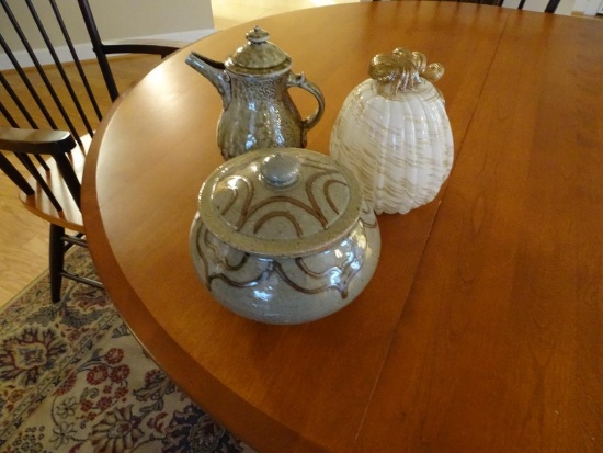 Glass pumpkin, Pottery bowl w/lid and small teapot