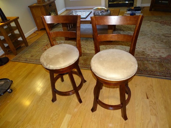 2 Wooden Swivel bar stools-suede like bottom.
