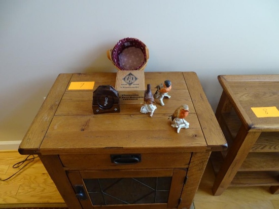 All items on table-3 bird statues, coasters, box, basket