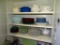 Items on 3 shelves-Teapot, Casserole dishes, blue bowls from Portugal, plus