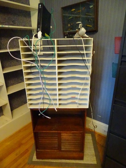 Shelving 2 pieces-Top: 26"H x 25"W x 13.5"D, lower: 31"H x 23"W x 13.5"D w/modem