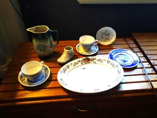 All items on chest-includes vintage Lochs of Scotland Blue Royal Warwick England Cups (2)