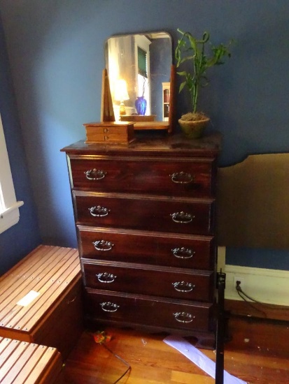 Chest of drawers w/ detached mirror plus items on top. Chest is 4'H x 32"W x 18"D