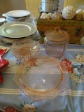 Vintage Cake Plate, dish, jar w/lid -may be pink depression glass