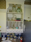 Items on 3 shelves-Glass canisters, Pitcher, cups, platter, mixing bowls, etc.