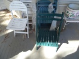 8 Green Wood Chairs and 4 plastic chairs