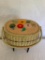 Vintage sewing basket, needlepoint cushioned lid, satin interior, stands on its own four legs