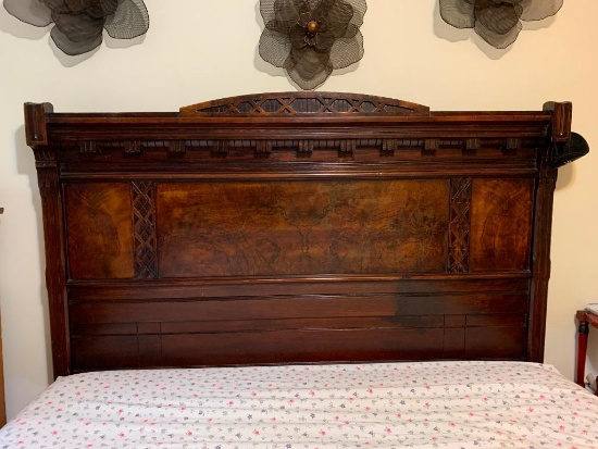 Antique mahogany (?) bed Headboard height 59.5" to tallest point Footboard height 31"