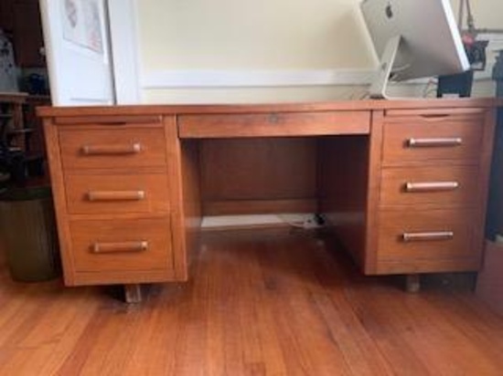Beautiful mid-century modern desk; top two pulls on the left side are actually one drawer for filing