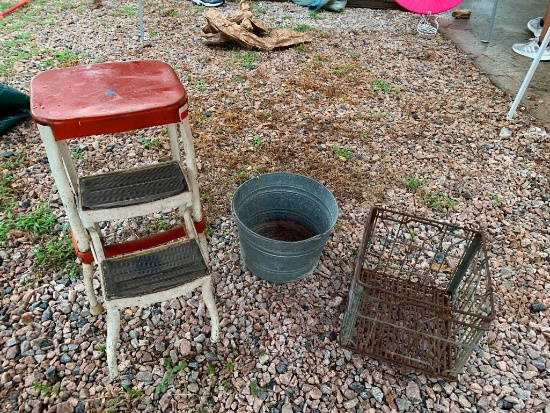 Vintage kitchen step stool in red and white; galvanized bucket, and metal milk crate