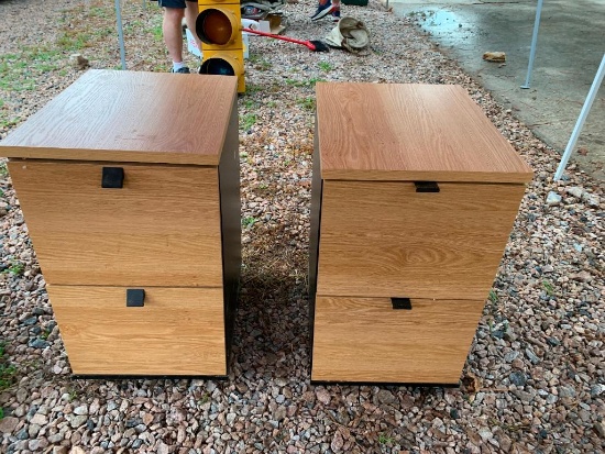Two 2-drawer filing cabinets with wheels; one is missing a caster; heavy.