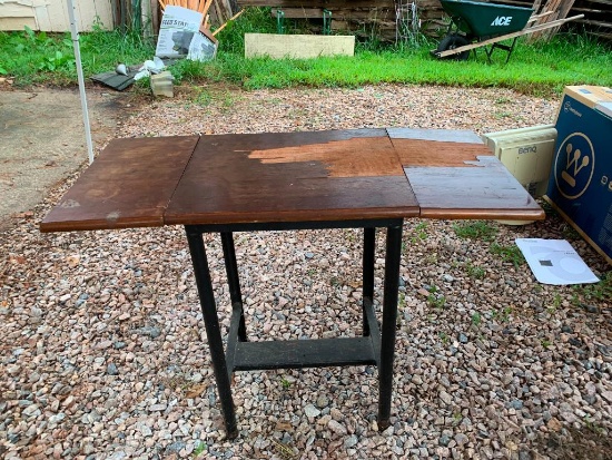 Old wood and metal typewriter stand; top and one flap need new veneer