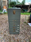 Steel grey cabinet; great storage for office supplies. Lid opens to review deep storage space, 6 dra