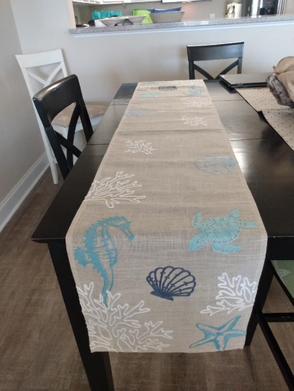 Coastal themed table runner plus 2 tablecloths-one plastic, one cloth.
