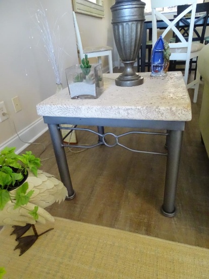 Coastal End table w/metal base. Top made of poly/stone. Glasses leave no stains!
