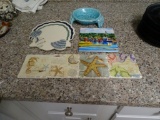 2 trivets, 4 beach coasters and glass crab holder for dish sponge