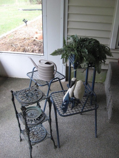 Small wire tables, watering can, planter stands and wooden duck