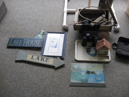 Assorted "Lake" items, Vivitar Binoculars and American Flag