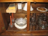 Candlesticks, glass bowls, teapot, assorted vases.