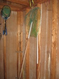 Fishing gear, badminton rackets, step ladder, coquet balls, 2 inner tubes, beach toys