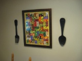 Framed handmade quilt plus wooden fork/spoon plus wall hanging of 