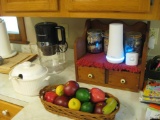 Tea maker, Serving bowl w/lid, plastic fruit basket, Simplisafe, wooden shelf w/knick knacks