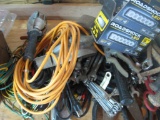Electoral wiring, wrenches, snips, hand saw, shop light, vice grip, LED 6