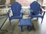 2 Blue Adirondack chairs and small table
