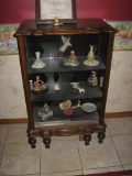 Vintage Curio Cabinet, including contents, plus mirror and sconces.