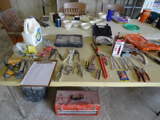 Toots on tables-including Nail gun, Vice grips, Needle nose pliers, Plumber's helper, wrenches,