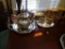 Silver plated teapot and tray with Silver plated creamer/sugar dish with small tray