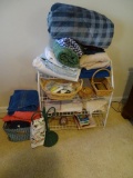 Blankets, Towels, Baskets, metal rack, etc.