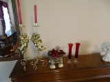 2 Angel Candelabras, Angel footed dish and 2 red bud vases