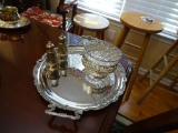 Sterling silver salt/pepper shakers, silver plated tray and bowl