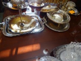 3 Silver plated trays-1 rectangular, 2 round, bud vase, round covered serving dish.