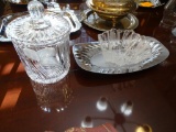 Crystal jar w/lid, crystal dish and bread tray