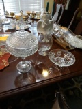 Glass Candy dish, Porcelain Angel and beverage glass and crystal dish