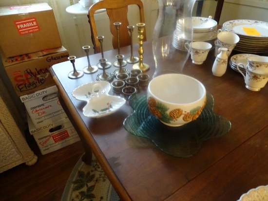 Christmas Items-Platter, Bowl, nut dish, brass candle holders, napkins rings