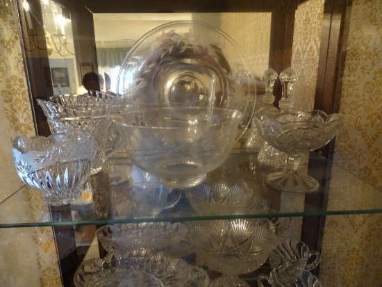 Top row of Cut Glass pieces-Serving Bowl and dish, Bell, Candy dish, small Pitcher